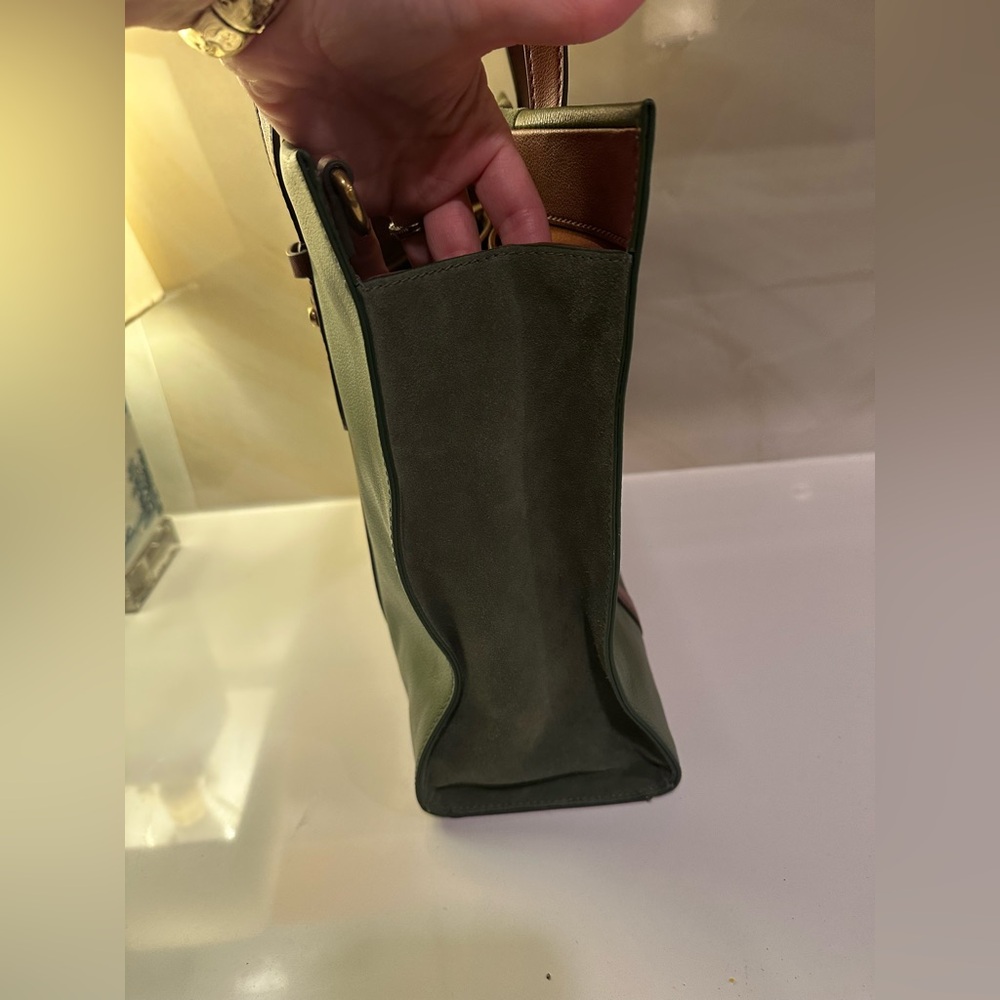 Fossil Leather Suede Green Tote Handbag Green Brown Handles Work Travel Safari - Picture 3 of 16